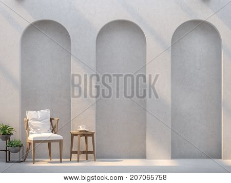Modern living room and empty walls with arch panel and sunlight shining through 3d rendering image.There are empty white wall plasterFurnished with wood furniture
