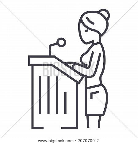 lawyer woman, speech in court vector line icon, sign, illustration on white background, editable strokes