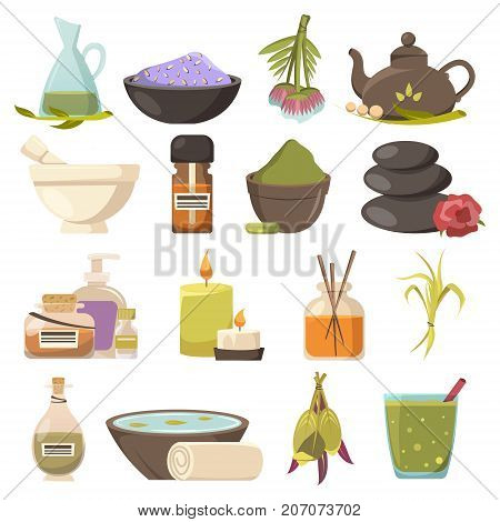Natural cosmetology icons set related to beauty spa relaxation aroma therapy and thalassotherapy flat isolated vector illustration