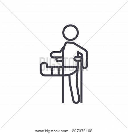 man with broken leg, gypsum foot crutch vector line icon, sign, illustration on white background, editable strokes