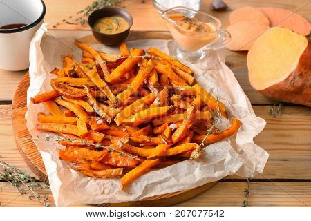 Sweet potato fries on table