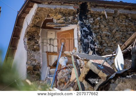 Retrosi Lazio Italy 24 August 2016. Earthquake center of italy with magnitude 6.5 scale of richter scale. Its destructive force.