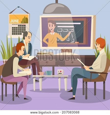 Students group in class listening to online lecture flat colored background vector illustration