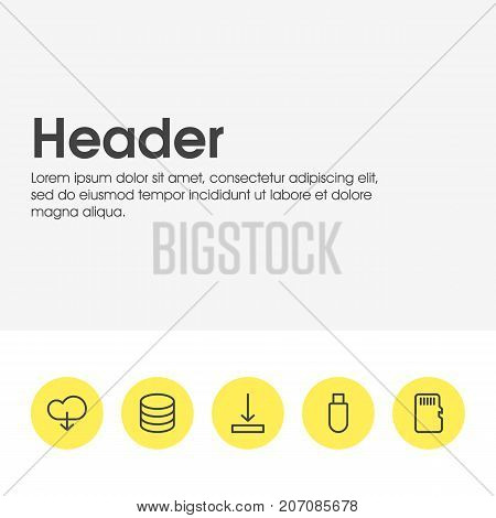 Editable Pack Of Download, Memory, Flash Drive And Other Elements.  Vector Illustration Of 5 Storage Icons.