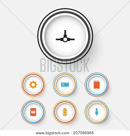 Computer Icons Set. Collection Of Memory Card, Aux Cord, Accumulator Sign And Other Elements