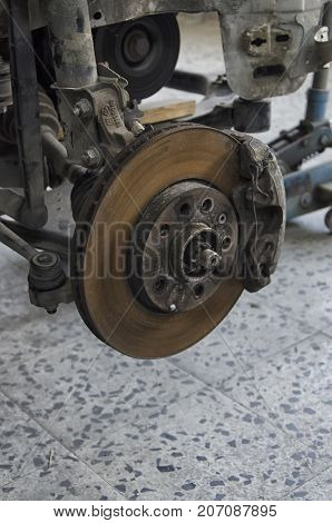 View of disc brake of a crashed car