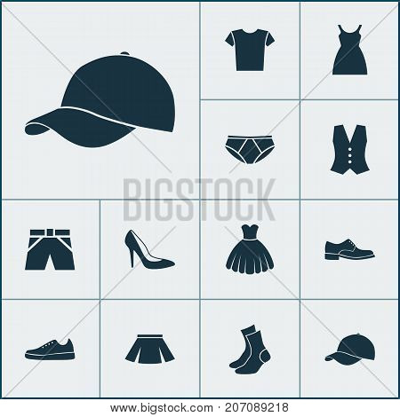 Garment Icons Set. Collection Of Waistcoat, Half-Hose, Heel Footwear And Other Elements