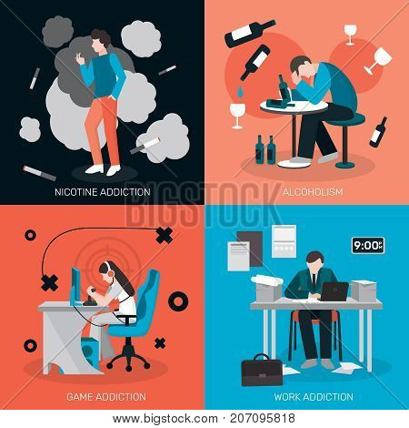 Addictions people flat 2x2 design concept with compositions of doodle style human characters suffering from vicious habits vector illustration