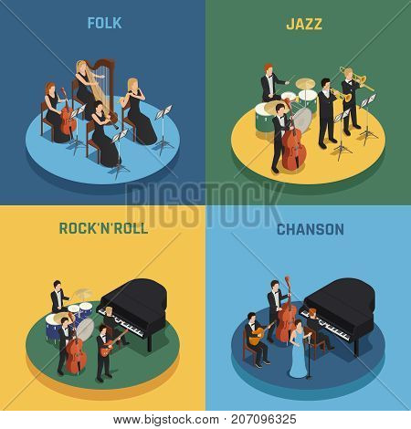 Orchestra playing various music rock n roll chanson folk and jazz isometric 2x2 concept isolated on colorful backgrounds 3d vector illustration