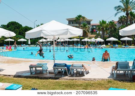 Side, Turkey - June, 26, 2017: The pool and the people at the hotel Cesar Palace in Side