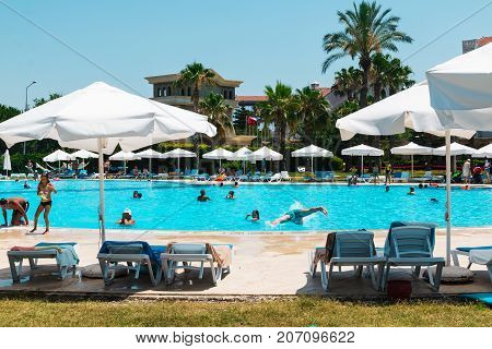 Side, Turkey - June, 26, 2017: The pool and the people at the hotel Cesar Palace in Side