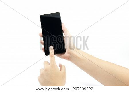 Hand holding smart phone blank screen. Woman hand pointing on smart phone isolated on white background. Smart phone screen.