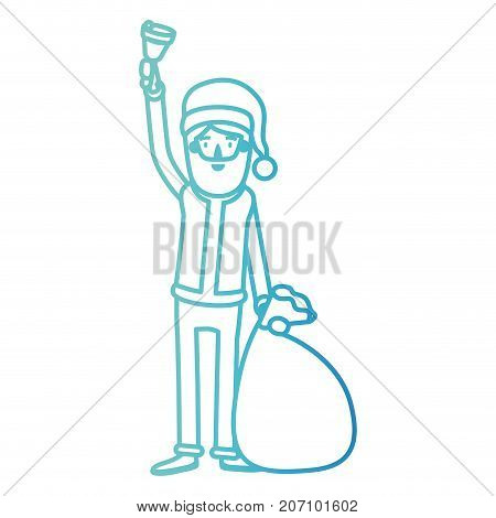 santa claus caricature full body holding a hand bell and gift bag with hat and costume on gradient color silhouette from blue to purple vector illustration