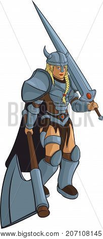 Beautiful viking girl warrior with giant weapon.