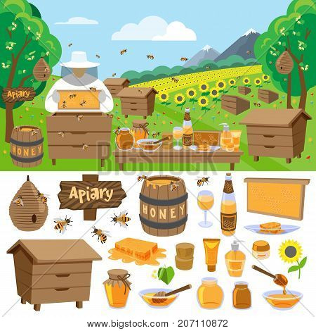 Apiary vector honey making farm symbols icons illustration. Bee, honey, beehouse, beekeeper natural healthy food production. Man beekeeer costume.