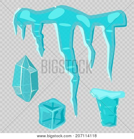 Realistic ice caps snowdrifts and icicles broken piece bit lump cold frozen block crystal winter decor vector illustration. Ice cube 3d snowy cartoon style blue frosty cube bar.