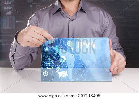 Business, Technology, Internet And Network Concept. Young Businessman Working On A Virtual Screen Of