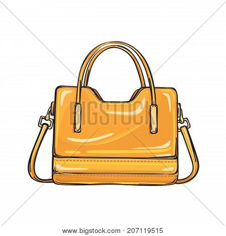 Trendy orange women bag with three handlers of different length isolated on background. Fashionable accessory for elegant and casual outfits. Vector illustration of spacious handbag.