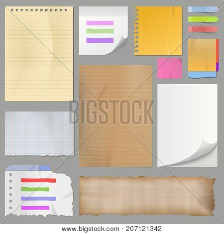 Stickers and notes, paper sheet sticky list isolated vector illustration. Different clean paper sheets realistic style notes vector illustration.