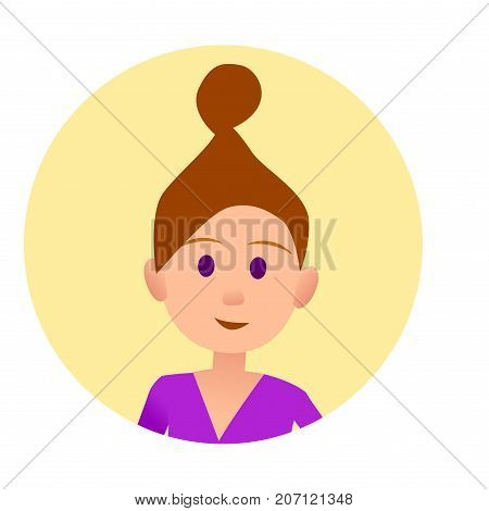 Woman with hair in beam in round button avatar user pic on white background vector illustration. Cheerful cartoon lady with bun
