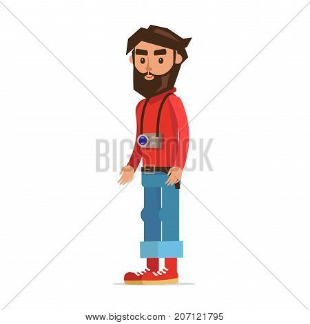 Bearded man with camera cartoon character. Young male in red jumper, rolled up jeans, boots and photo camera on neck isolated flat vector. Smiling hipster tourist standing half-turned illustration