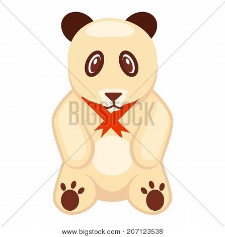 Soft adorable toy panda bear with sad cute eyes and red ribbon on neck isolated vector illustration on white background.