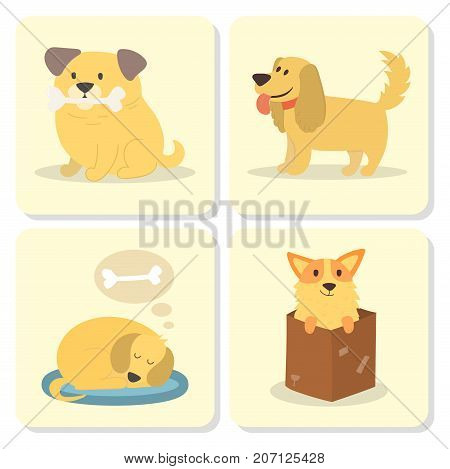 Vector illustration cute dogs characters. Set of funny purebred puppy comic cards smile happy mammal breed drawing icon. Pedigree terrier canine adorable animal.
