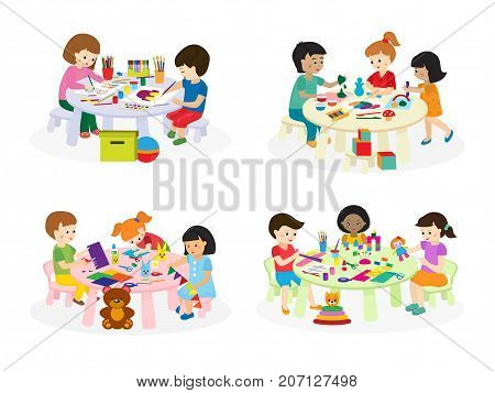 Group of children painting on paper at table in kindergarten paint lesson kids characters club house vector illustration. Learning playschool creativity.