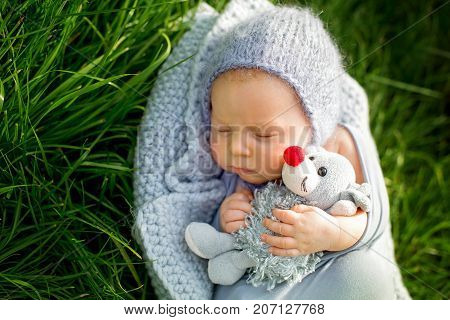 Cute Little Newborn Baby Boy, Sleeping, Holding Cute Little Mouse Toy