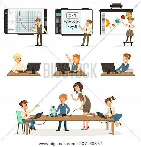 School children at the informatics and programming lesson set, kids working on computers, learning robotics and programming vector Illustrations on a white background