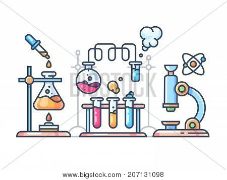 Chemical scientific experiment. Beakers and test tubes for laboratory. Vector illustration