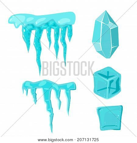 Realistic ice caps snowdrifts and icicles broken piece bit lump cold frozen block crystal winter decor vector illustration. Ice cube 3d snowy cartoon style blue frosty cube bar.