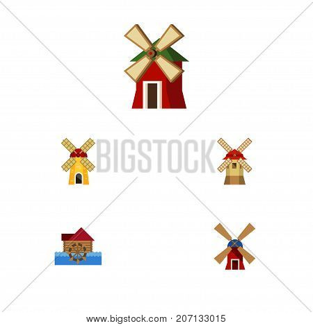 Flat Icon Mill Set Of Watermill, Turbine, Wind Energy And Other Vector Objects