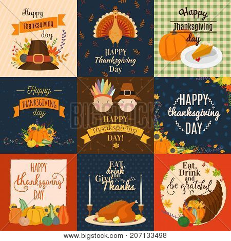 Vector Happy Thanksgiving decoration lettering invintation card design harvest november family celebrate background illustration.