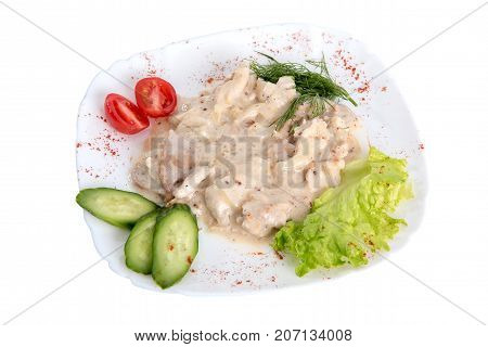 Chicken Fricassee with Green Vegetables isolated on white background