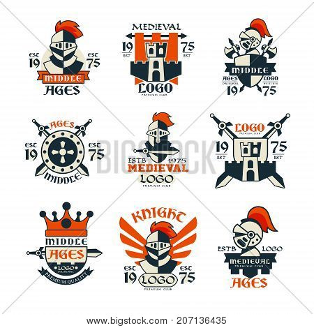 Middle ages logo design set, vintage medieval emblem since 1975 vector Illustrations on a white background