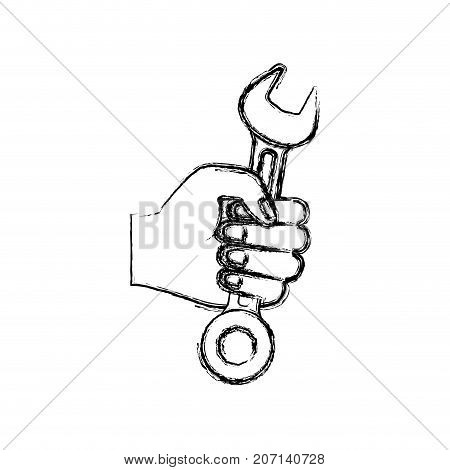 hand holding spanner flat icon monochrome blurred silhouette vector illustration