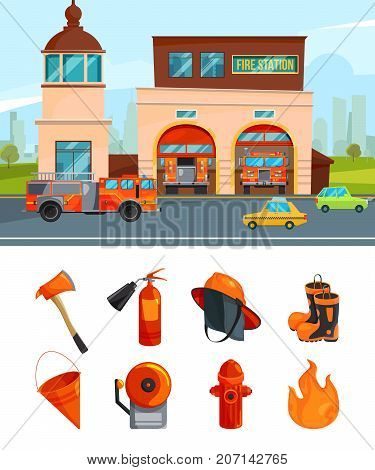 Municipal building of fire station services. Vector pictures isolate on white. Fire station and firehouse, equipment for fire department illustration