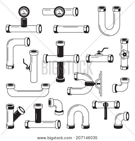 Tools for water pipeline isolated on white. Monochrome pictures. Vector silhouette pipeline and tube, pipe and plumbing equipment illustration