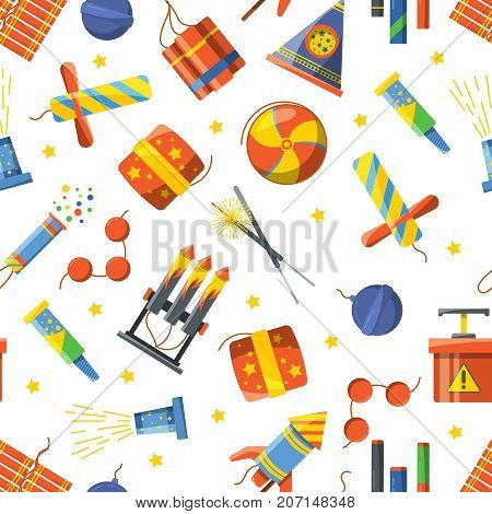 Seamless pattern with pyrotechnic tools, Vector pattern firecracker and skyrocket, bomb and dynamite illustration