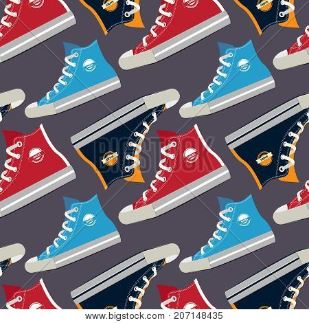 Pictures of colored sneakers. Vector seamless pattern with fashion footwear shoelace illustration