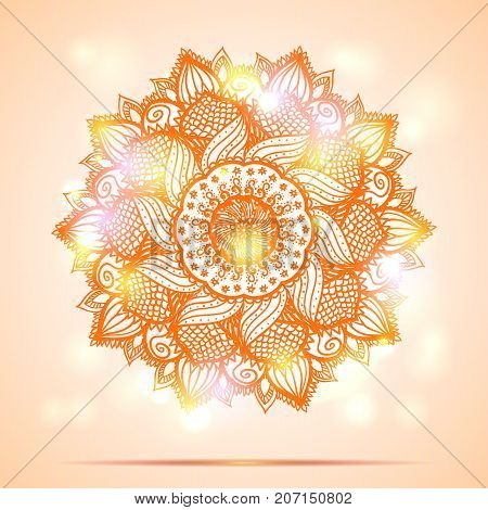 Beautiful diwali present card design.Creative and artistic mandala tattoo design on orange background with shining lights and bokeh effect. Vector EPS10 file.