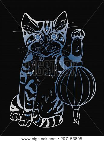 Lucky maneki neko cat with lantern. Traditional japanese symbol. Graphic illustration. Place for text.