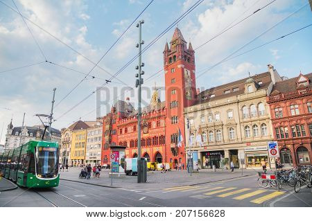 BASEL - AUGUST 25: Marktplatz with the Rathaus on August 25 2017 in Basel Switzerland.