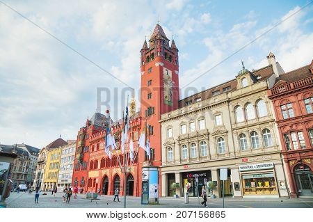 BASEL - AUGUST 25: Marktplatz with the Rathaus on August 25 2017 in Basel Switzerland.