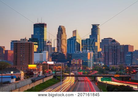 Downtown Minneapolis Minnesota at the sunrise time