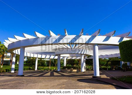 Sharm El Sheikh, Egypt - September 26, 2017: The main entrance and flowers at Monter Carlo Sharm Resort and SPA at Sharm El Sheikh, Egypt on September 26, 2017