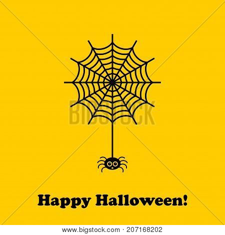 Halloween spider and web icon or logo in modern line style. Vector illustration on a yellow background