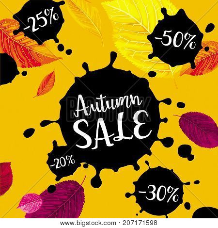 Autumn foliage showy vector banner with black ink labels for sales and other events for prints posters banners and parties.