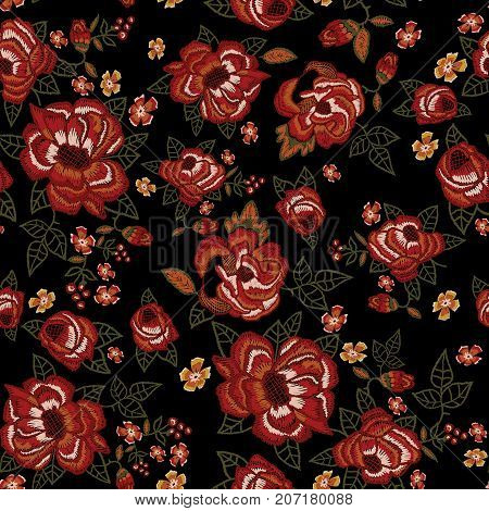 Embroidery ethnic seamless pattern with red roses. Vector embroidered floral patch sketch with flowers for clothing design.